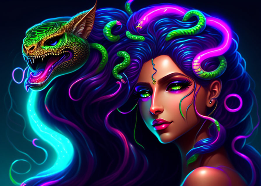 Colorful illustration: Woman with serpents in hair and green dragon on dark background