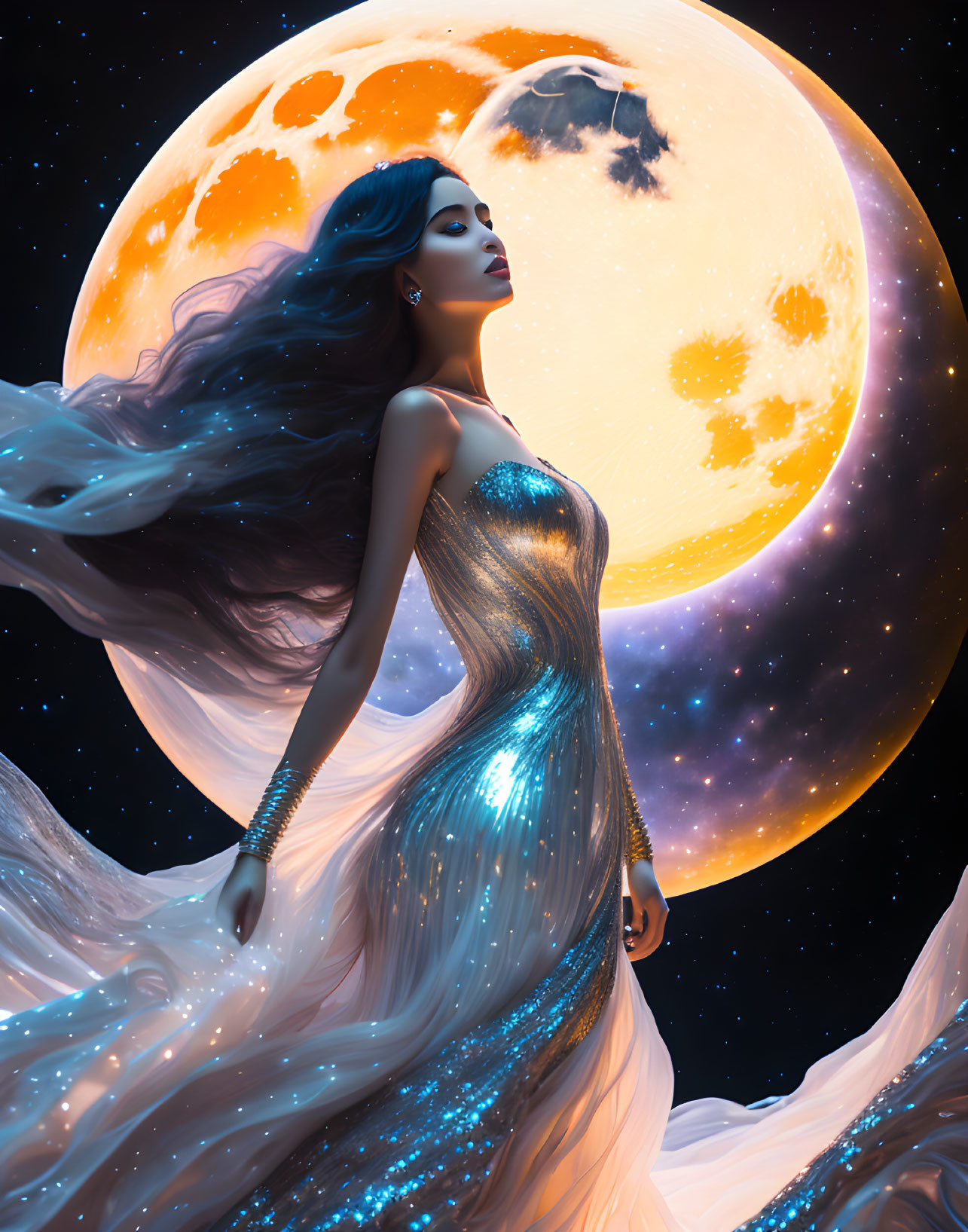 Woman in shimmering gown under large vivid moon in ethereal setting