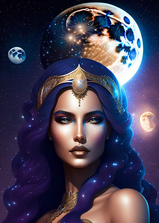 Illustrated portrait: Woman with purple hair, space-themed adornments, cosmic backdrop.