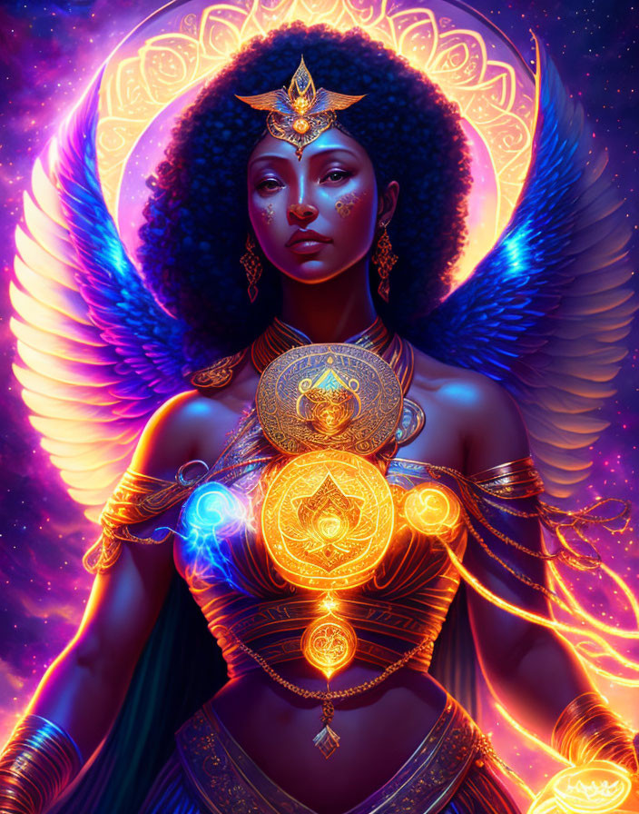 Digital illustration of dark-skinned woman with golden jewelry and mystical symbols against celestial backdrop