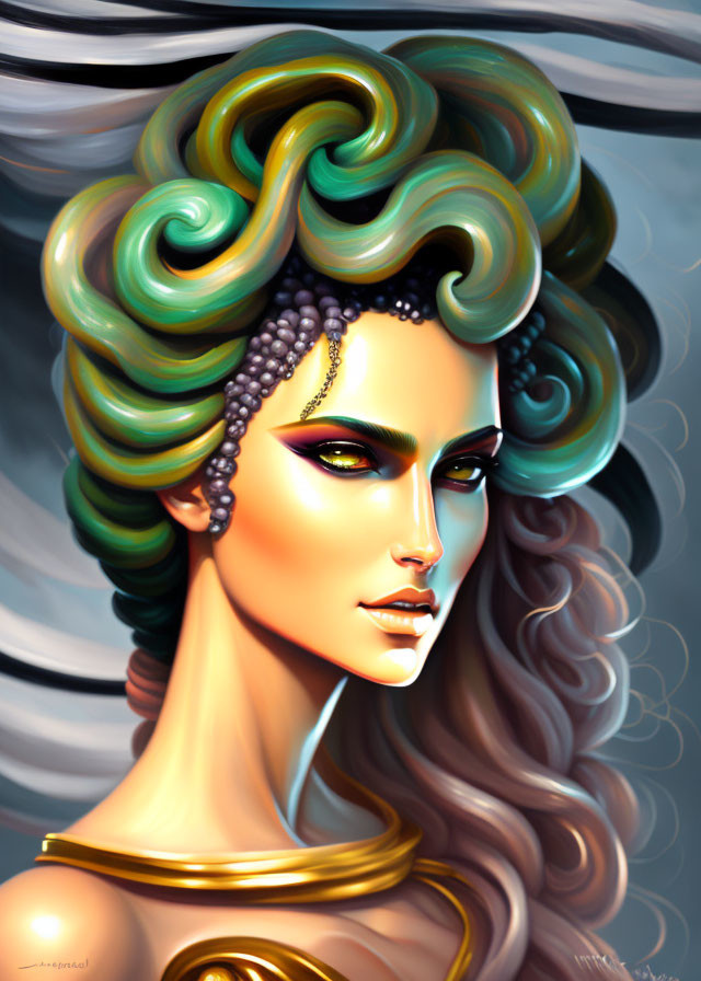 Illustrated portrait of a woman with green and brown swirling hair, gold jewelry, and purple makeup.