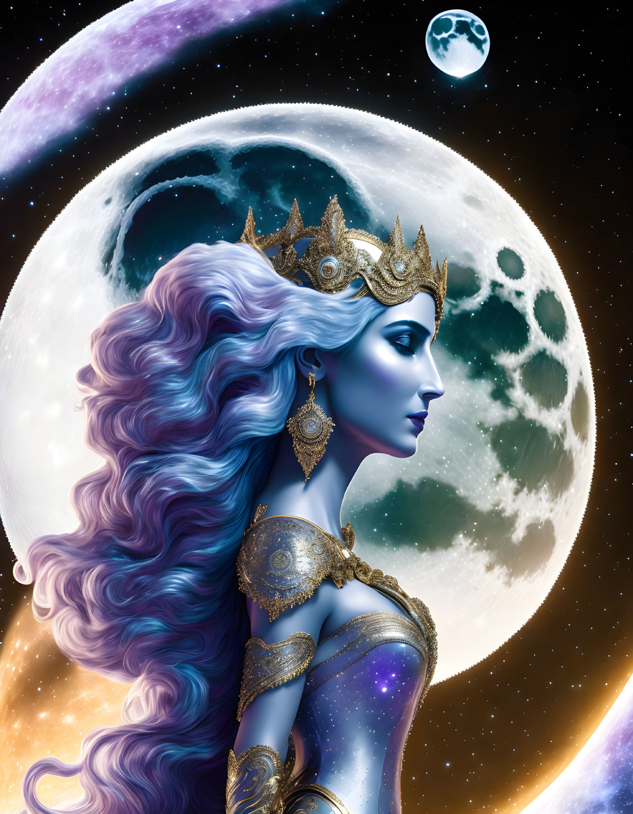 Celestial woman with blue skin and golden adornments in cosmic scene