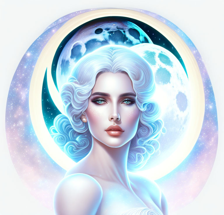 Surreal white-haired woman in cosmic scene with moon