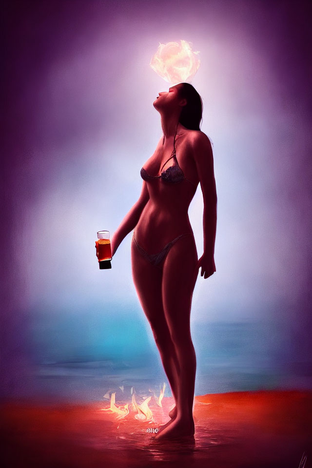 Digital artwork: Woman in bikini with beer, flames, fiery crown on purple background