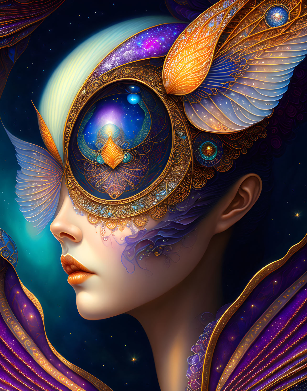 Colorful digital artwork of a woman with cosmic adornments and galaxy eye.