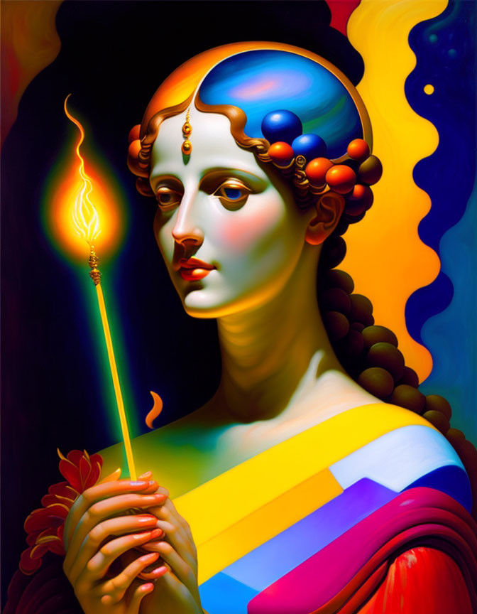 Vibrant digital painting of woman with flame in surreal style