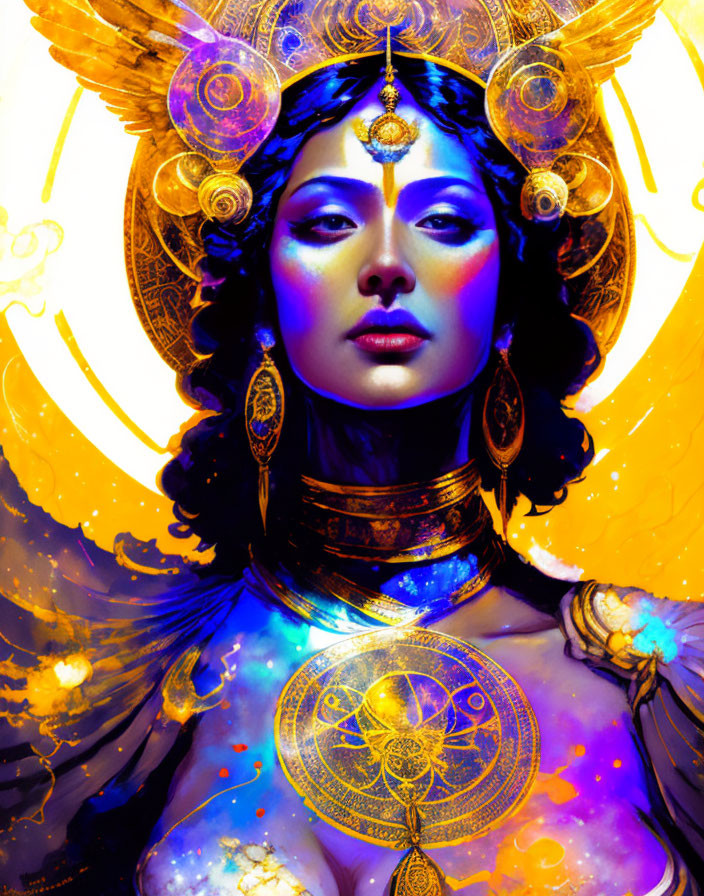 Vibrant digital artwork: Woman with golden jewelry and cosmic motifs