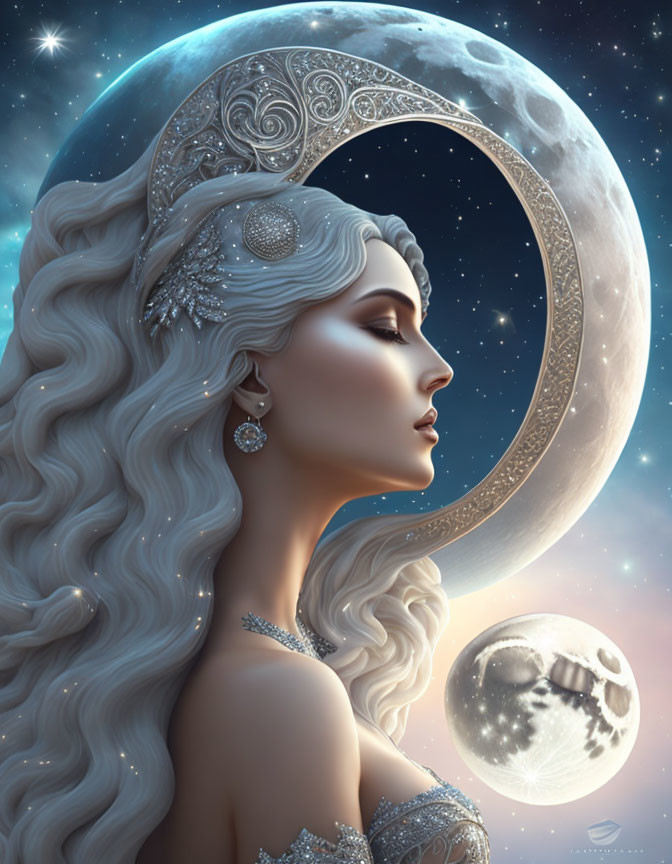 Fantasy moon goddess digital illustration with wavy hair and ornate jewelry