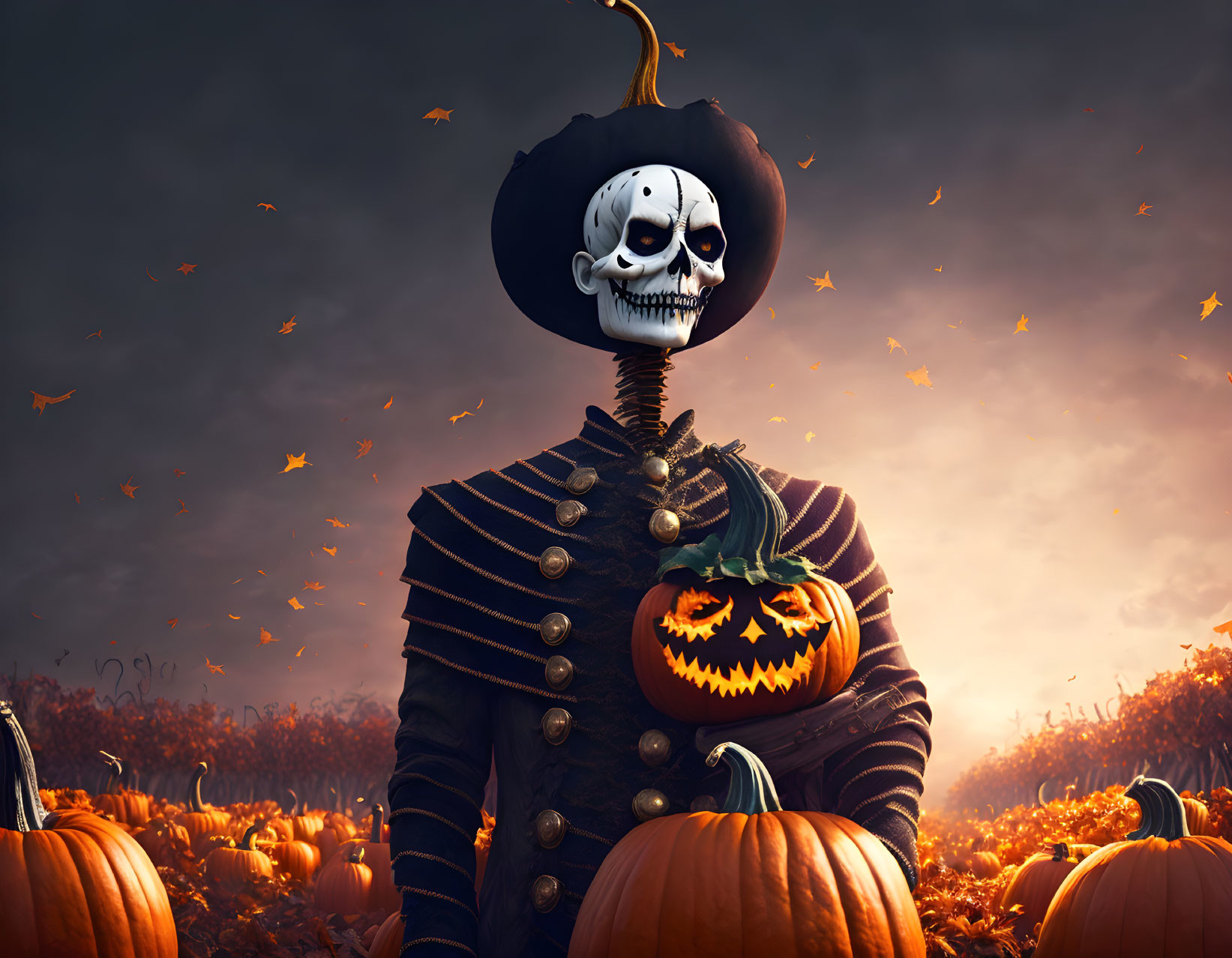 Skeleton in Pumpkin Head Costume Among Pumpkins on Halloween Night