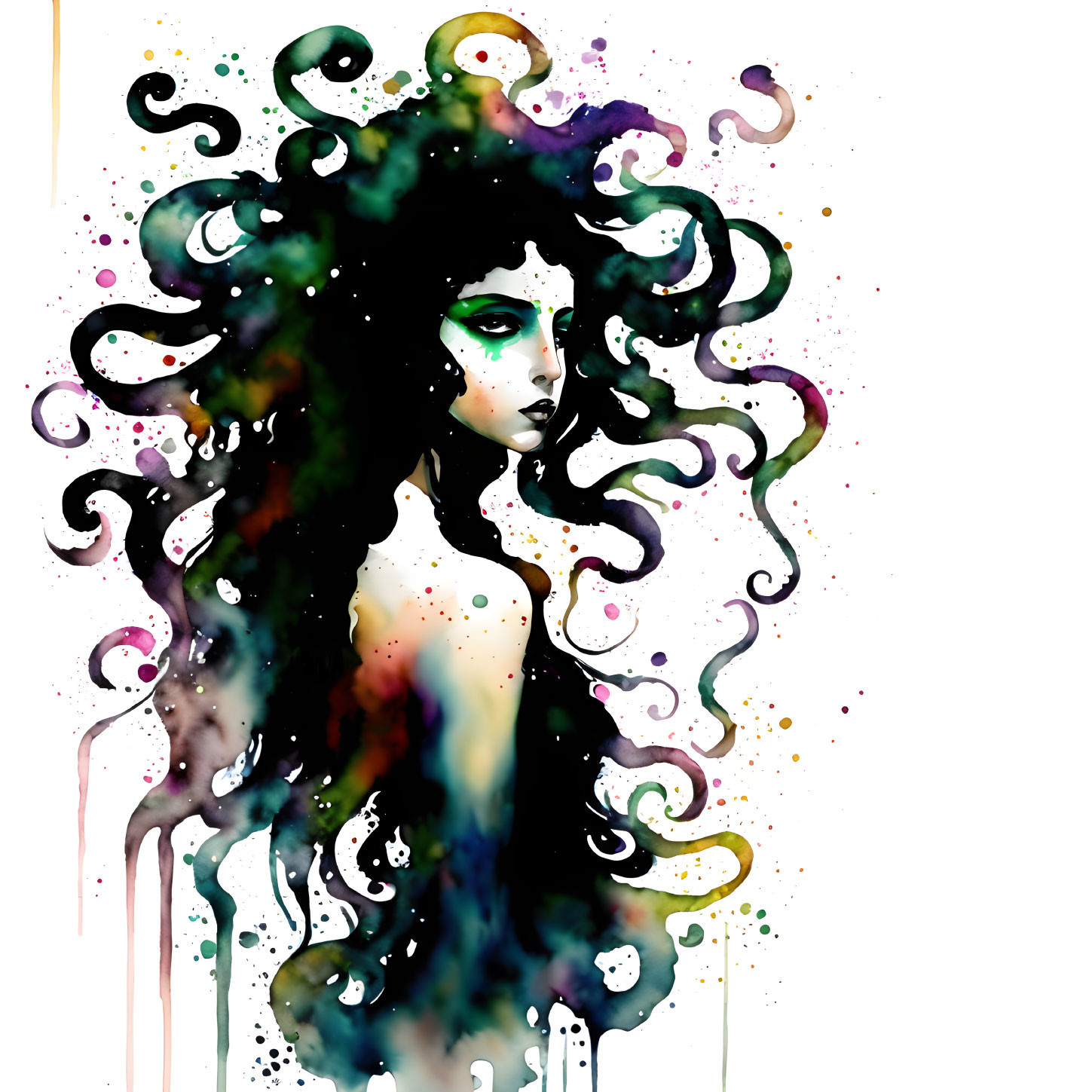 Vibrant watercolor portrait with flowing curly hair and ink splatters