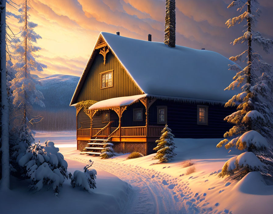 Snowy landscape: Cozy wooden cabin in dusk with snow-covered trees