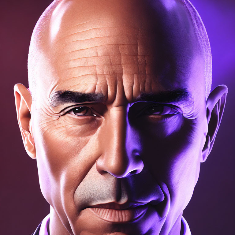 Detailed 3D rendering of stern bald male figure on vibrant purple backdrop