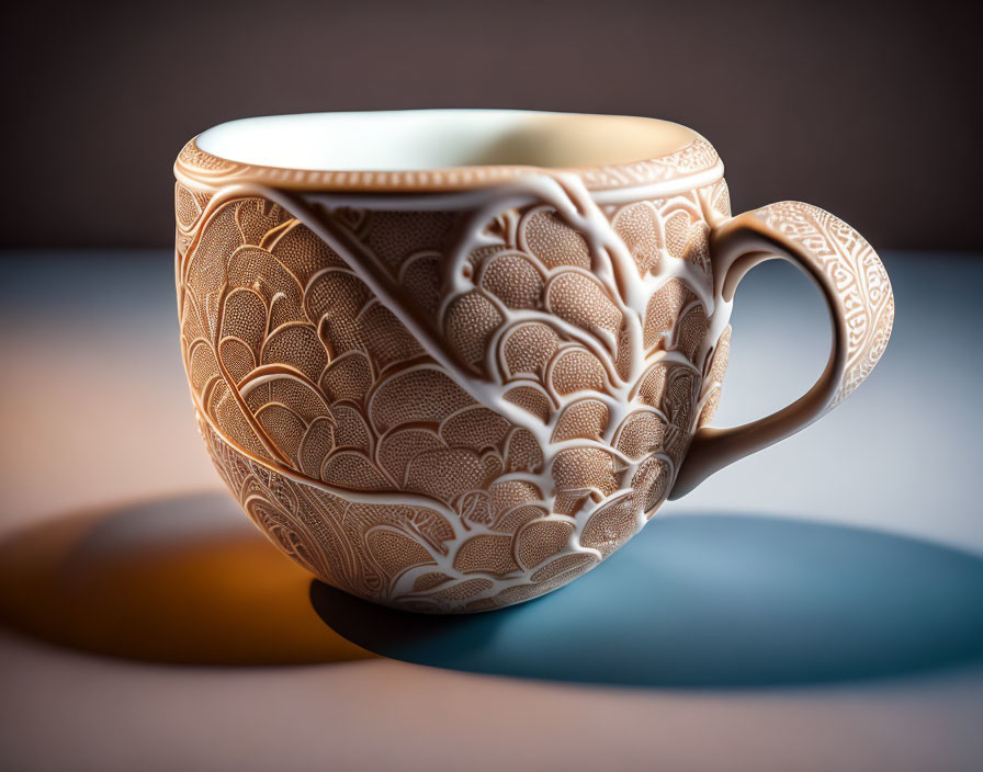 Intricate patterned ceramic teacup on soft-lit background