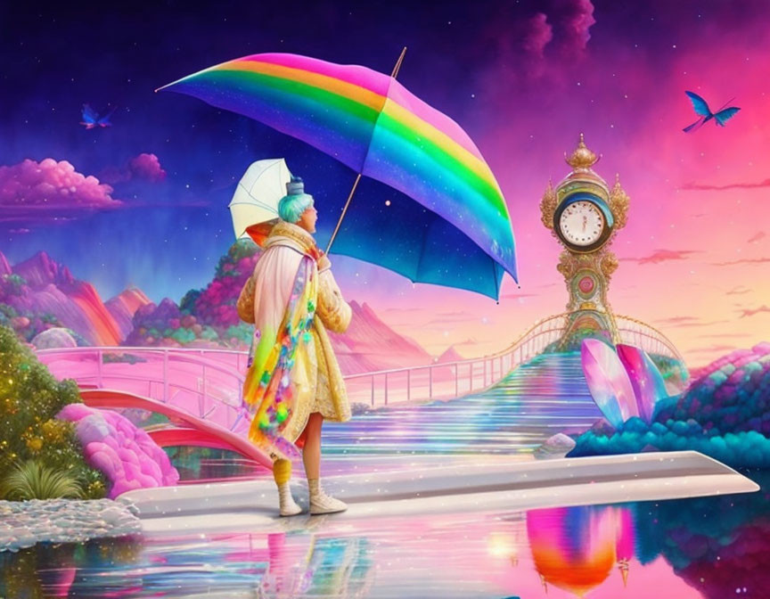 Colorfully dressed person with rainbow umbrella on whimsical bridge