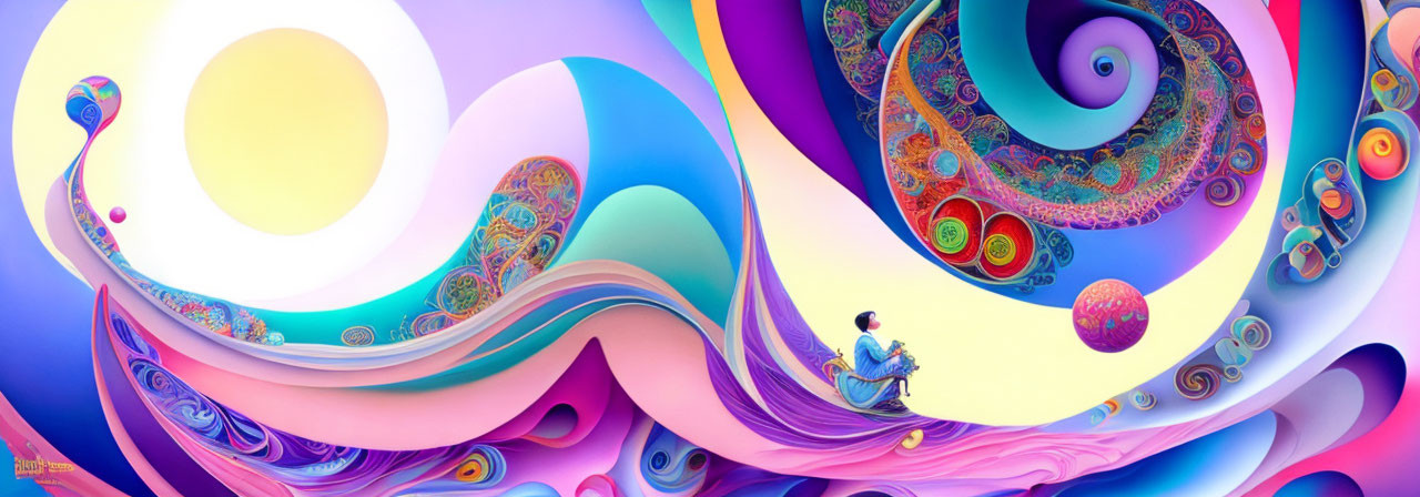 Colorful surreal digital artwork with swirling patterns and figure playing guitar