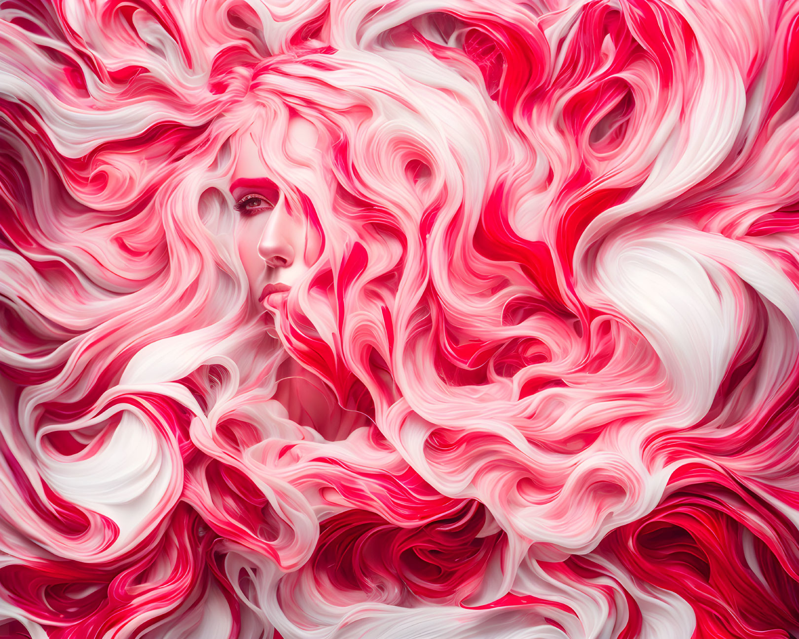 Vibrant pink and white hair in artistic swirls.