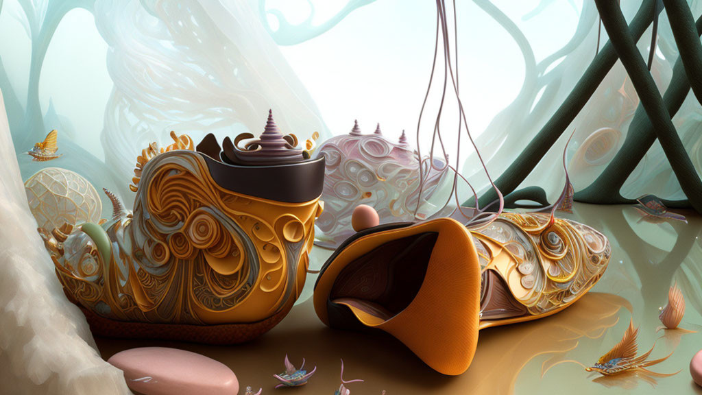 Ornate organic teapots in fantasy forest with butterflies