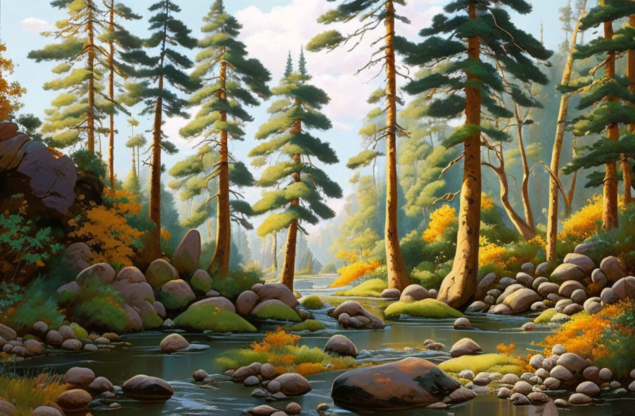 Tranquil forest scene with tall pine trees, winding river, rocks, colorful foliage