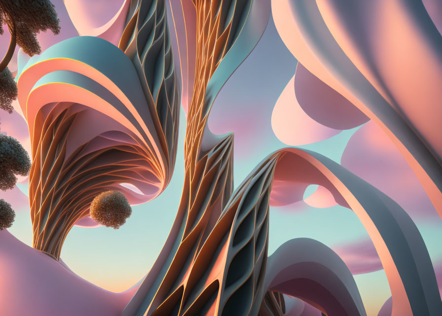 Pastel 3D landscape with flowing shapes and spherical foliage under gradient sky