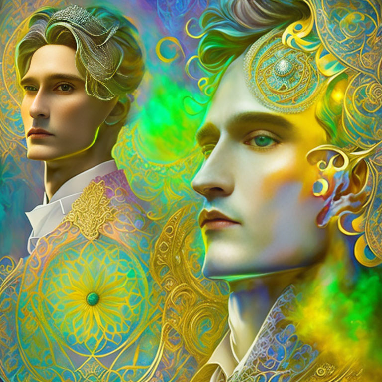 Surreal digital artwork: two elfin males with golden headpieces on colorful background