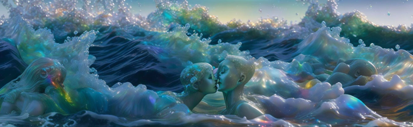 Ethereal beings kissing in iridescent sea waves under pastel sky