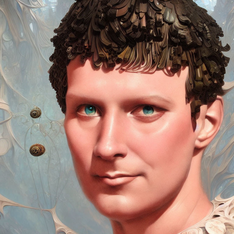 Detailed digital portrait of a man with curly hair and vibrant blue eyes on whimsical background