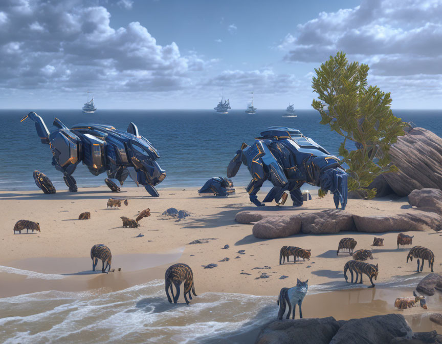 Large mechanical rhinoceros robots on sandy beach with zebras and ships in the distance