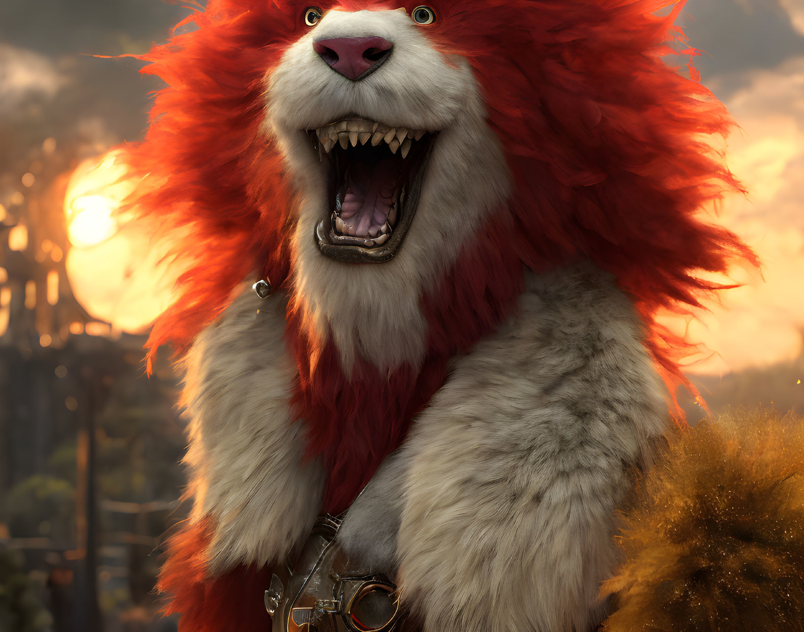 Fiery red-maned animated lion creature close-up portrait