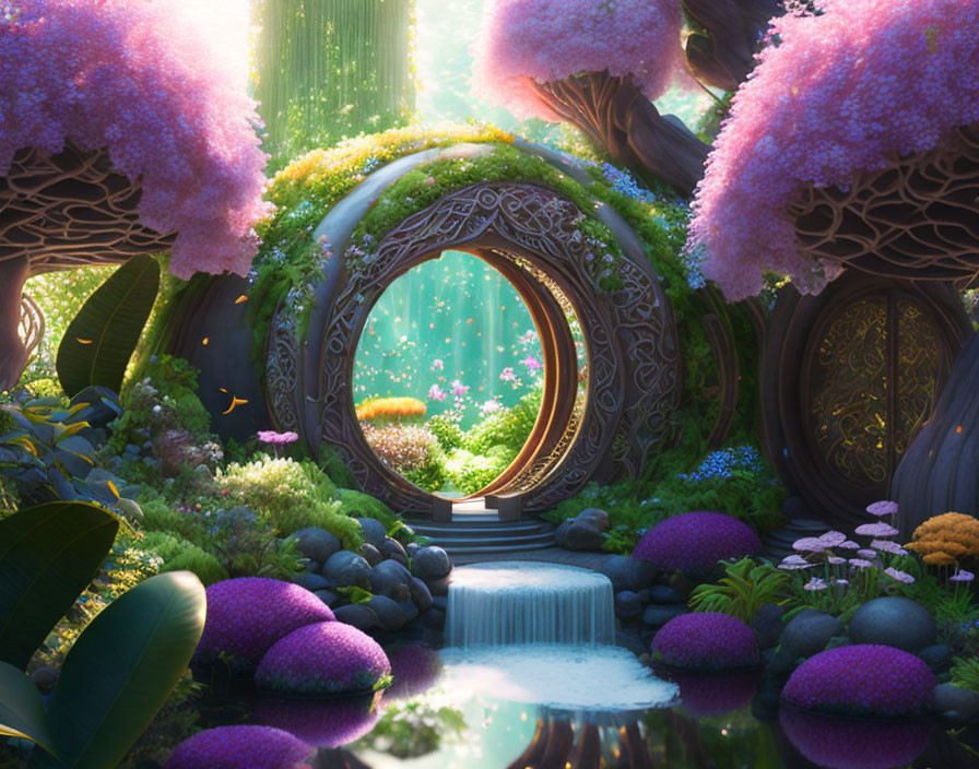 Mystical Enchanted Forest Scene with Round Doorway