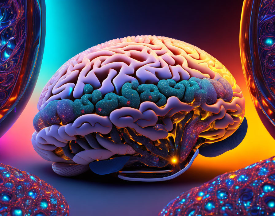 Colorful 3D-rendered human brain with cosmic texture on neon-lit background