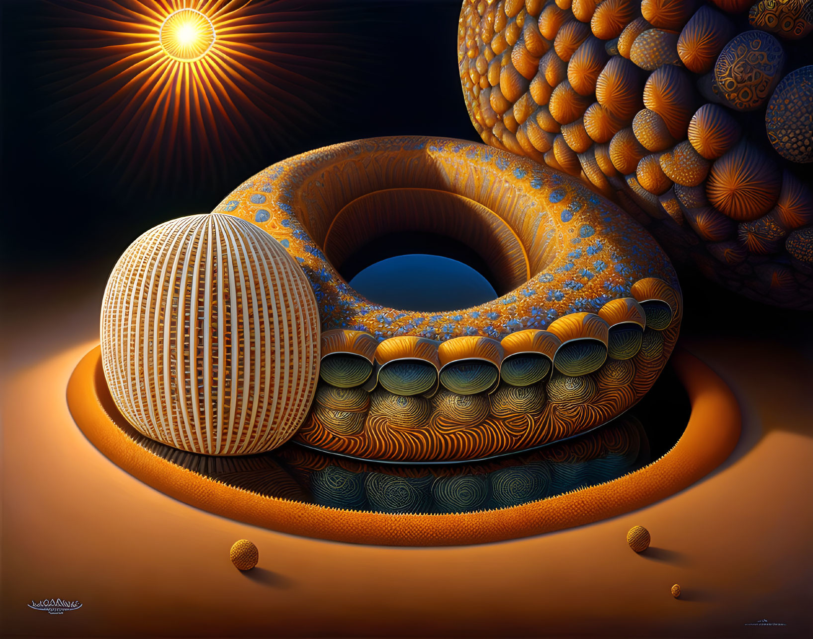 Surreal painting with hyper-realistic spheres and doughnut shape in warm golden tones