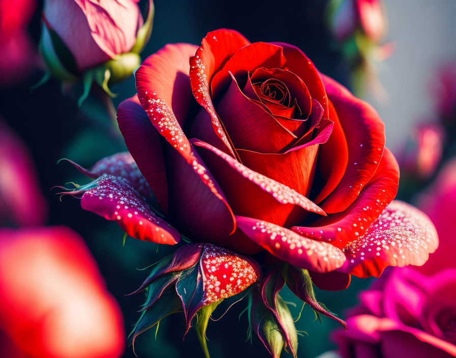 Red rose with dewdrops and pink blossoms on dark background