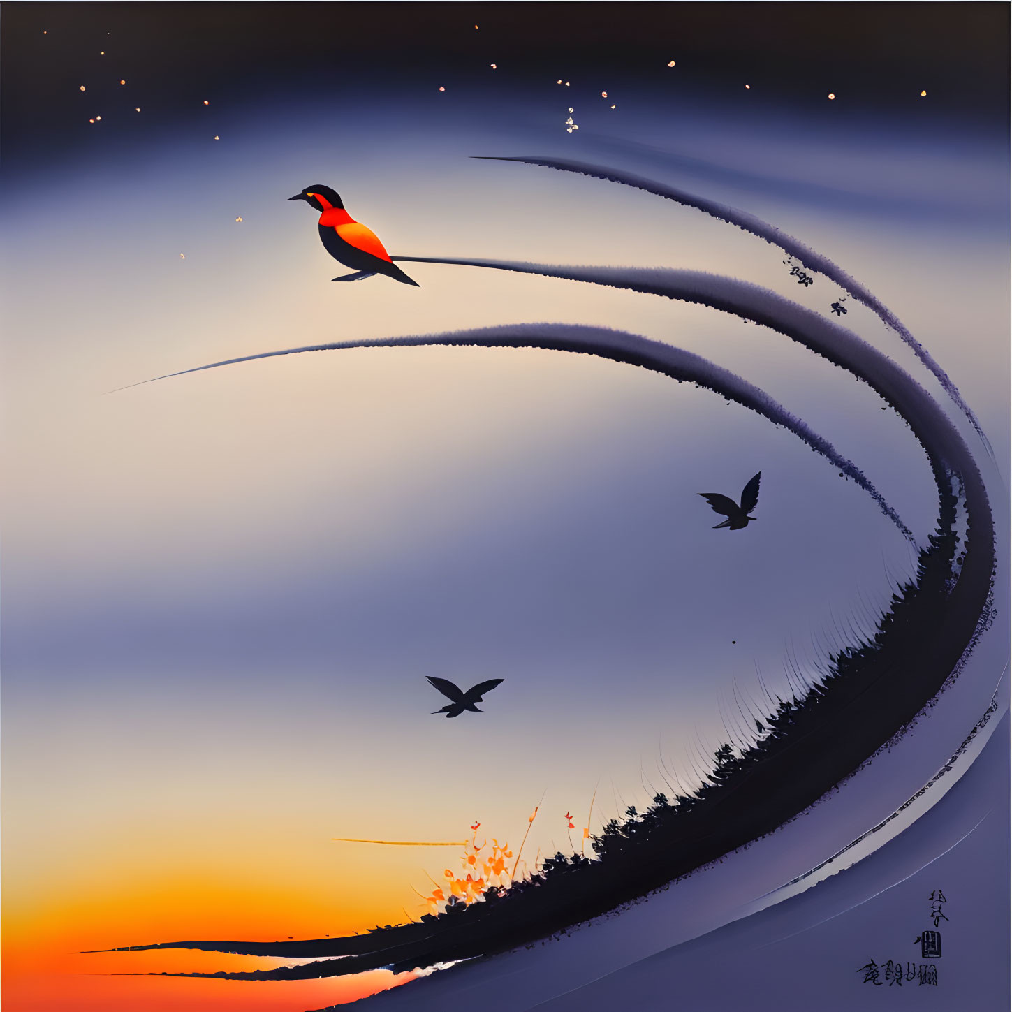 Vibrant red bird in foreground with silhouettes soaring above abstract landscape