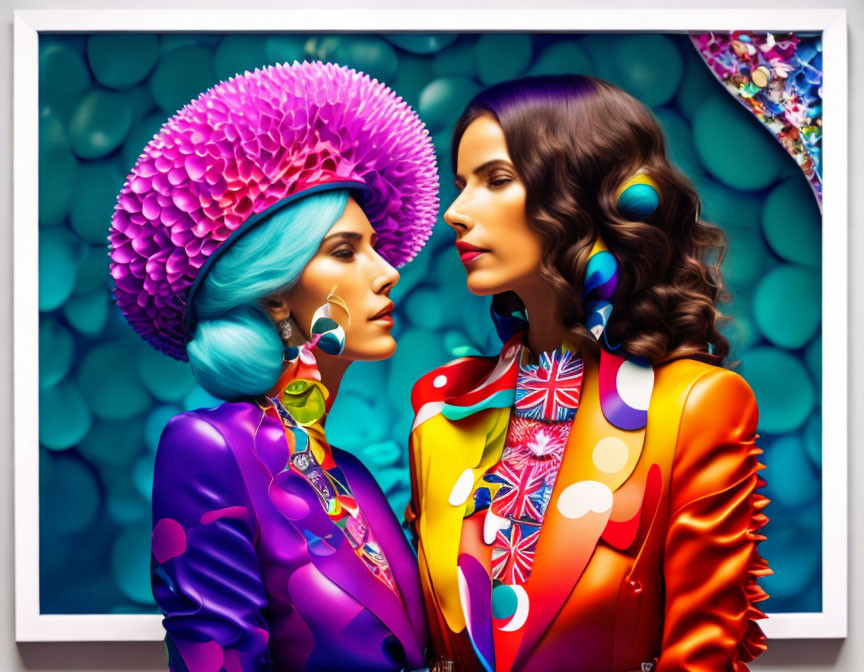 Colorful Outfits and Flamboyant Hats: Two Women in Vibrant Encounter