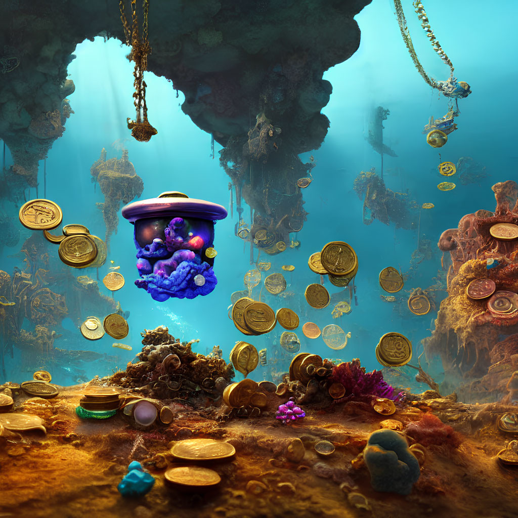 Sunlit Underwater Scene with Treasure Chest, Golden Coins, and Colorful Corals