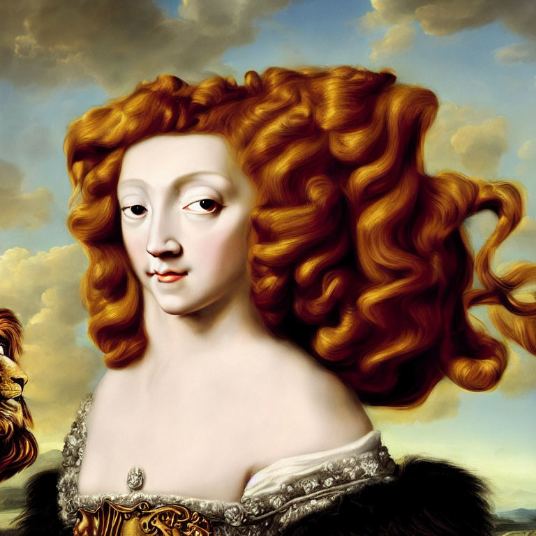 Surreal portrait: Lion's mane meets woman's face with red curls