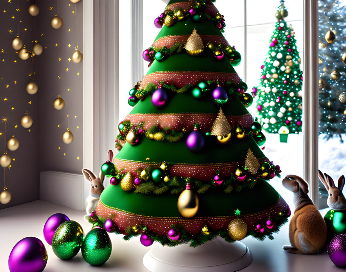 Festive Christmas tree with ornaments, garlands, and lights in a cozy room with rabbits and