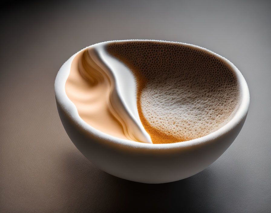 Creamy frothy coffee in white cup on dark background