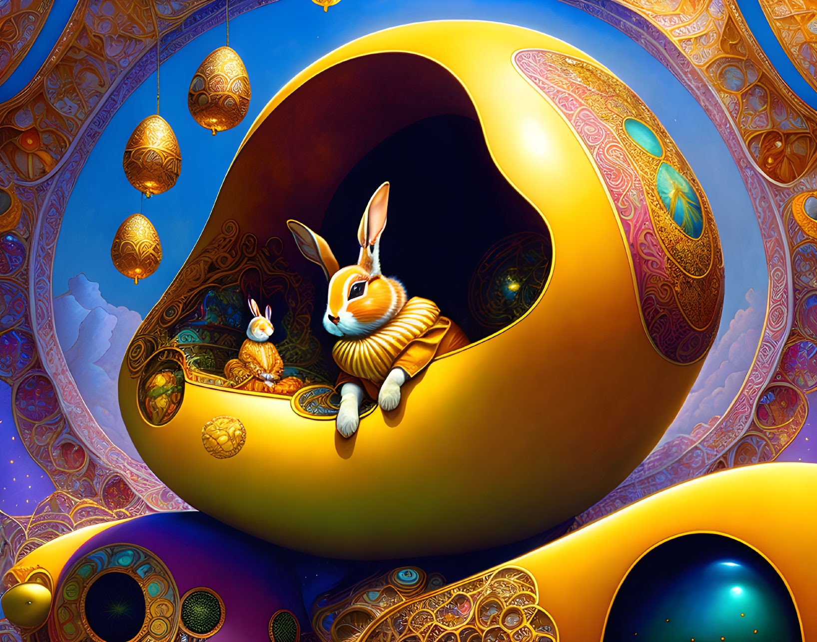 Digital art: Two rabbits in golden egg vessel with ornate eggs