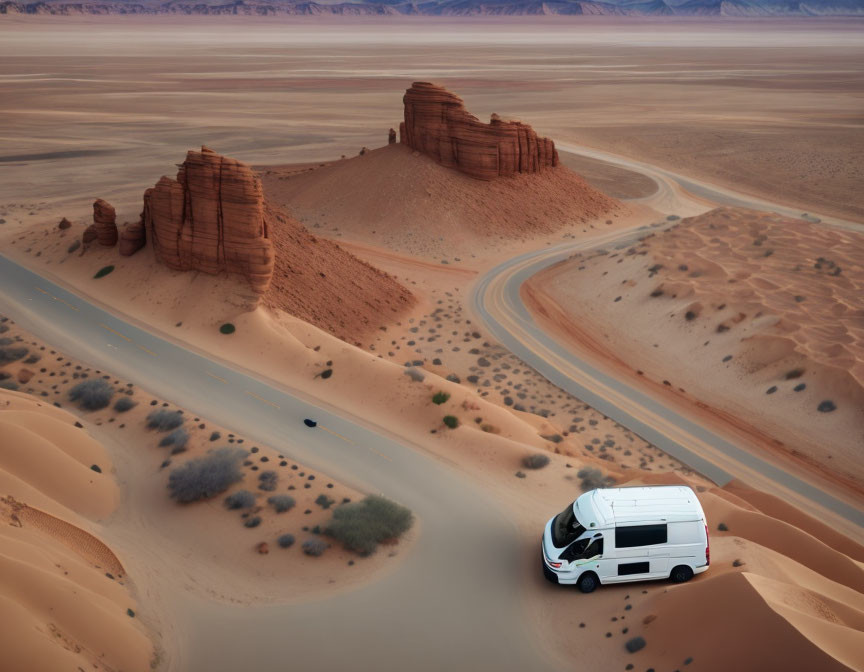 White van drives through desert landscape at dusk