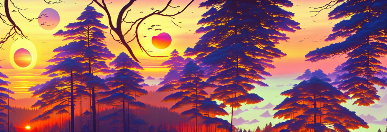 Colorful forest illustration with silhouetted pine trees at sunset.