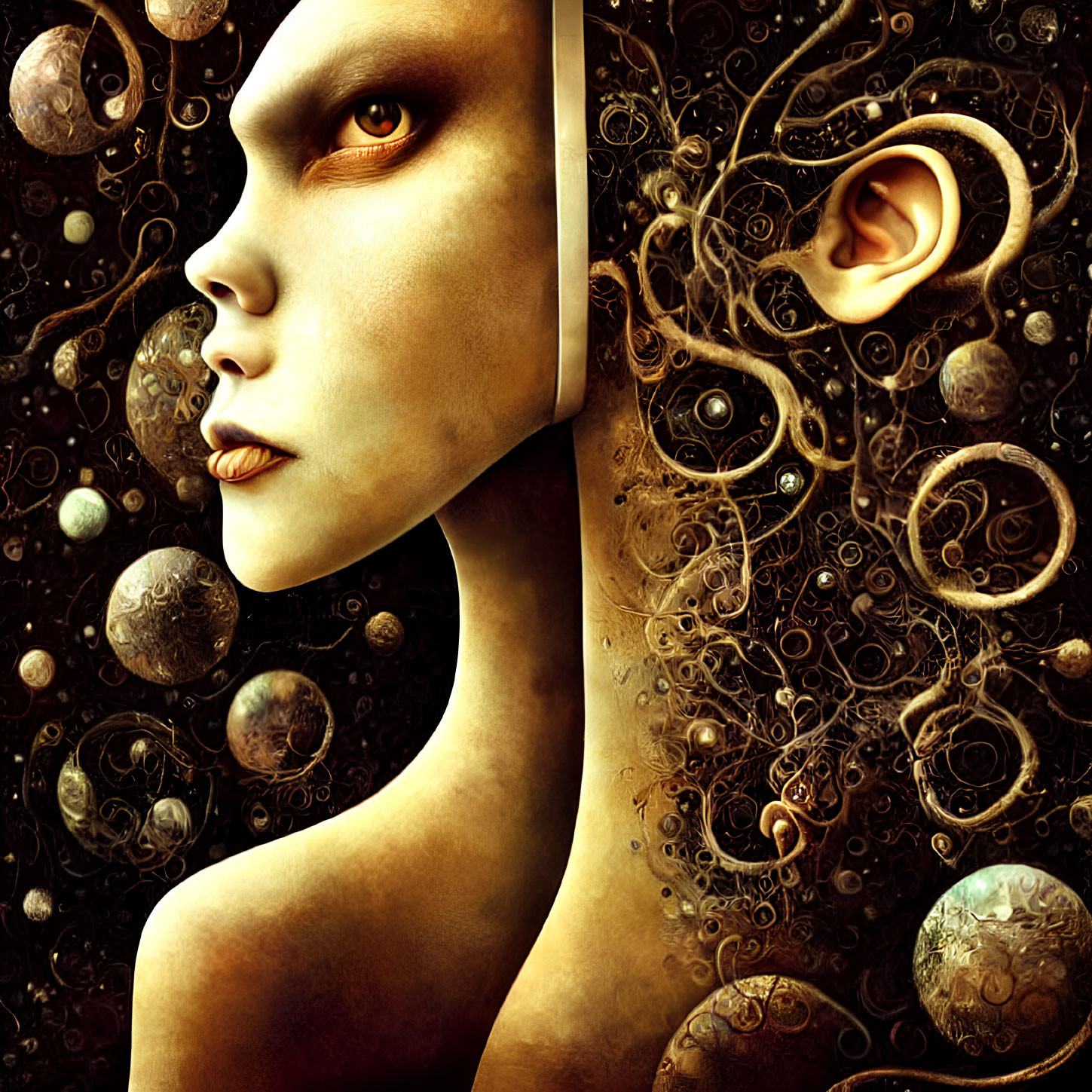 Surrealist humanoid portrait with golden eye in cosmic setting