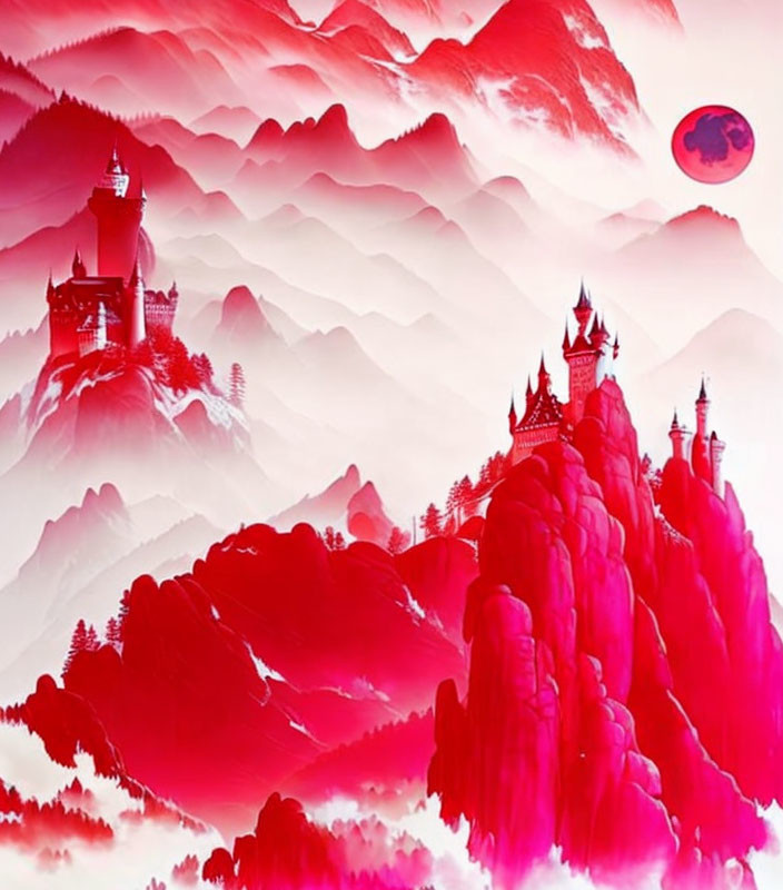 Misty red and pink landscape with mountains, castles, and red moon