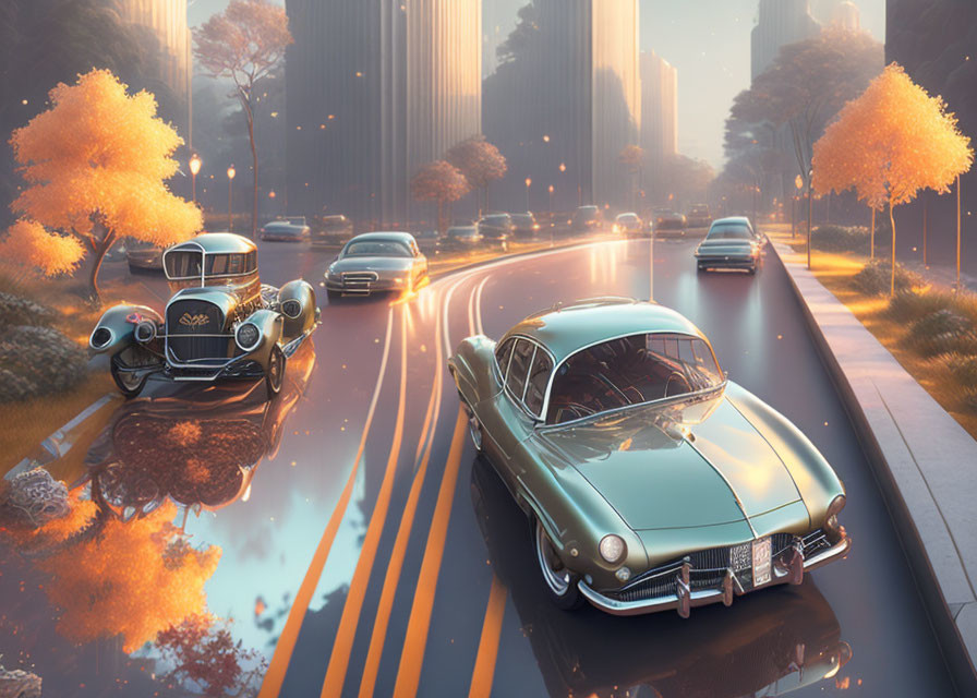 Vintage and modern cars driving on sunlit city street with autumn trees reflecting on road.