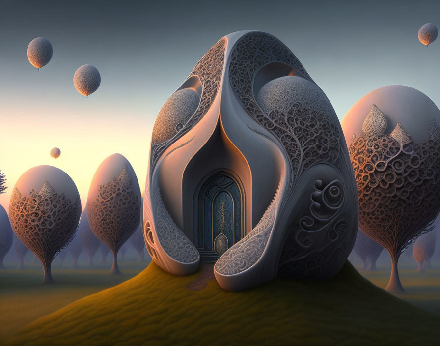 Whimsical surreal landscape with organic-shaped buildings and floating orbs