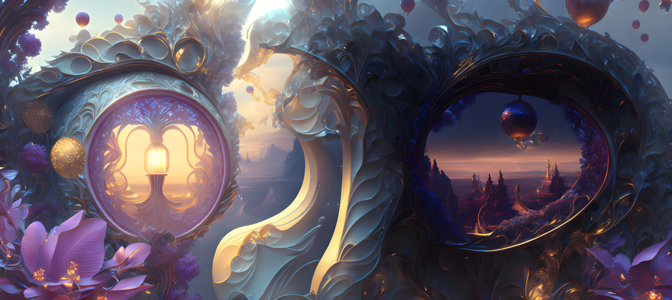 Digital art: ornate circular portals in mystical landscape with floating islands and vibrant flora