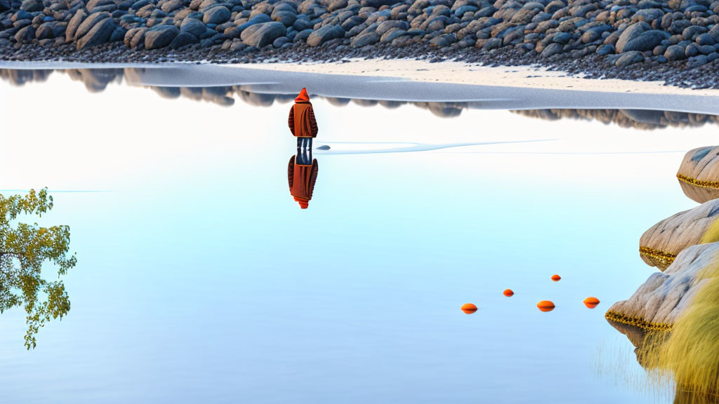 Person on paddleboard in calm water near pebbly shore with buoy markers