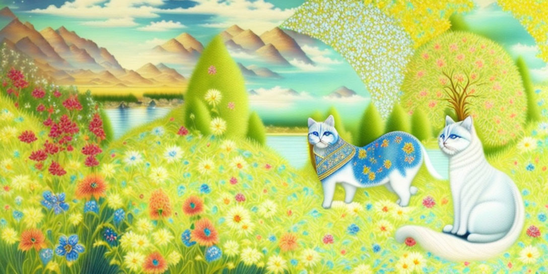 Ornate patterned cats in vibrant fantasy landscape