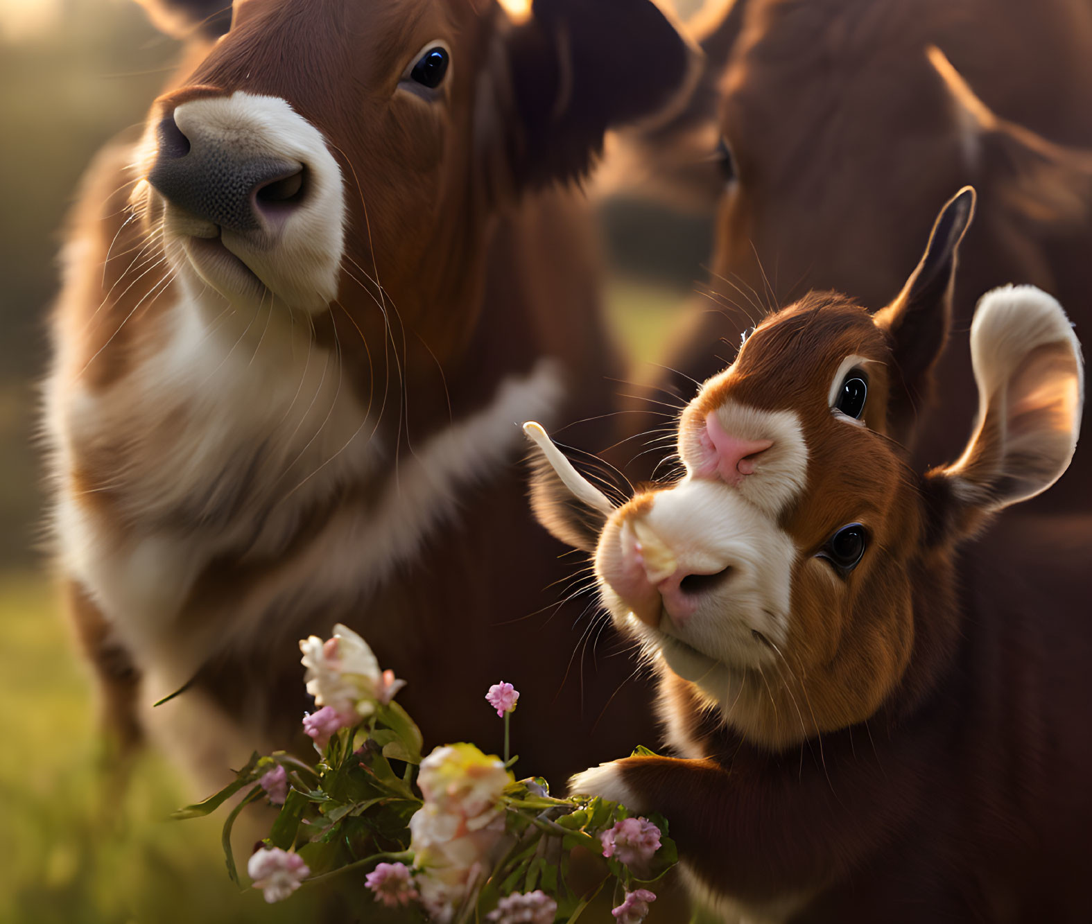 Brown and White Cows Sniffing Flowers in Sunlit Field