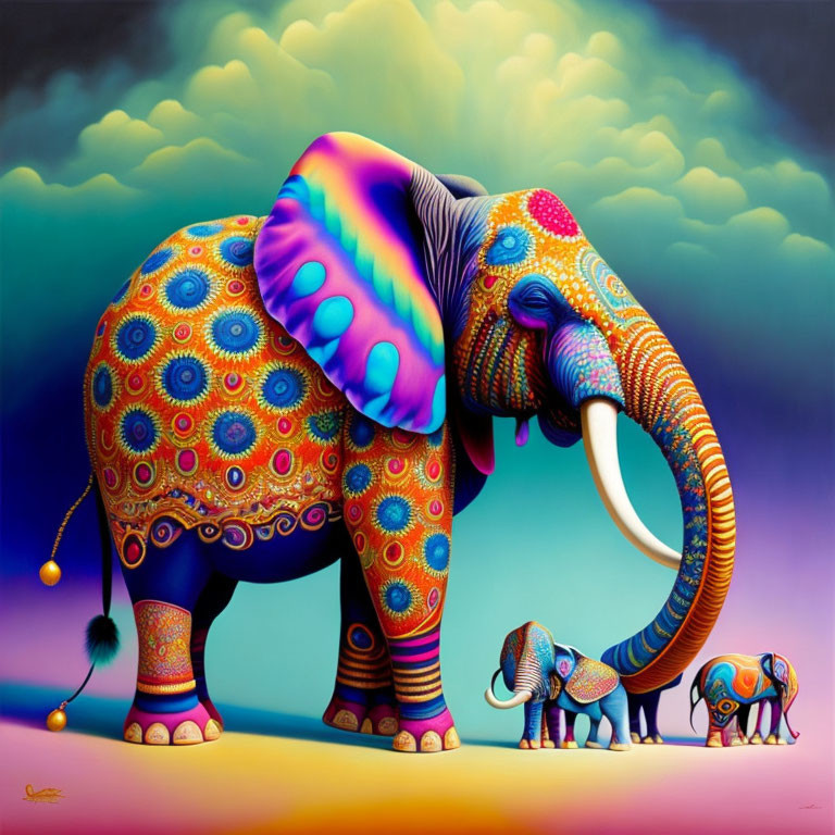 Colorful Psychedelic Elephant Artwork with Dreamy Sky